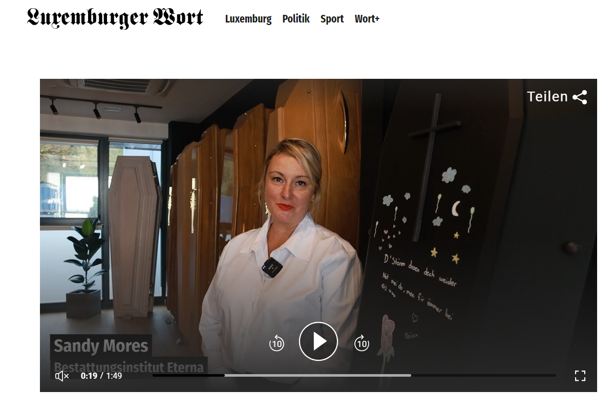 Capture du reportage vidéo du Luxemburger Wort sur Maison ETERNA Pompes Funèbres à Steinfort.